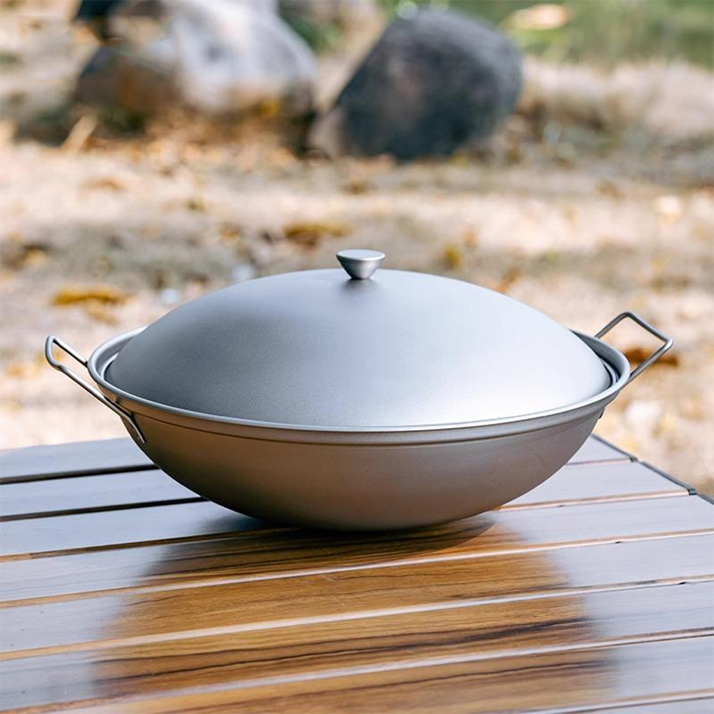 Camping Cooking Pots And Pans - Titanium Wok Pan with Lid Double