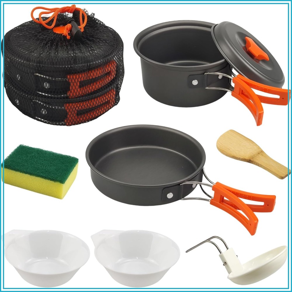 Camping Cooking Pots And Pans - 7Pcs Camping Pan Set - Backpack