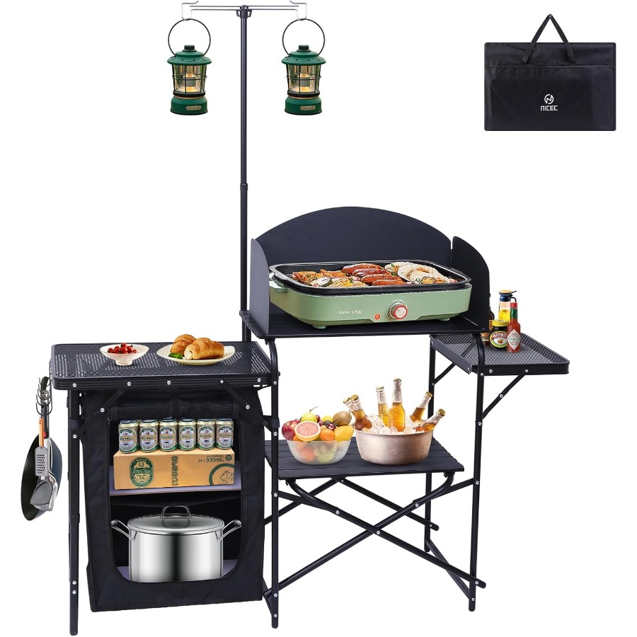 Camping Cooking Table With Windshield - Camping Kitchen Station with Folding Table