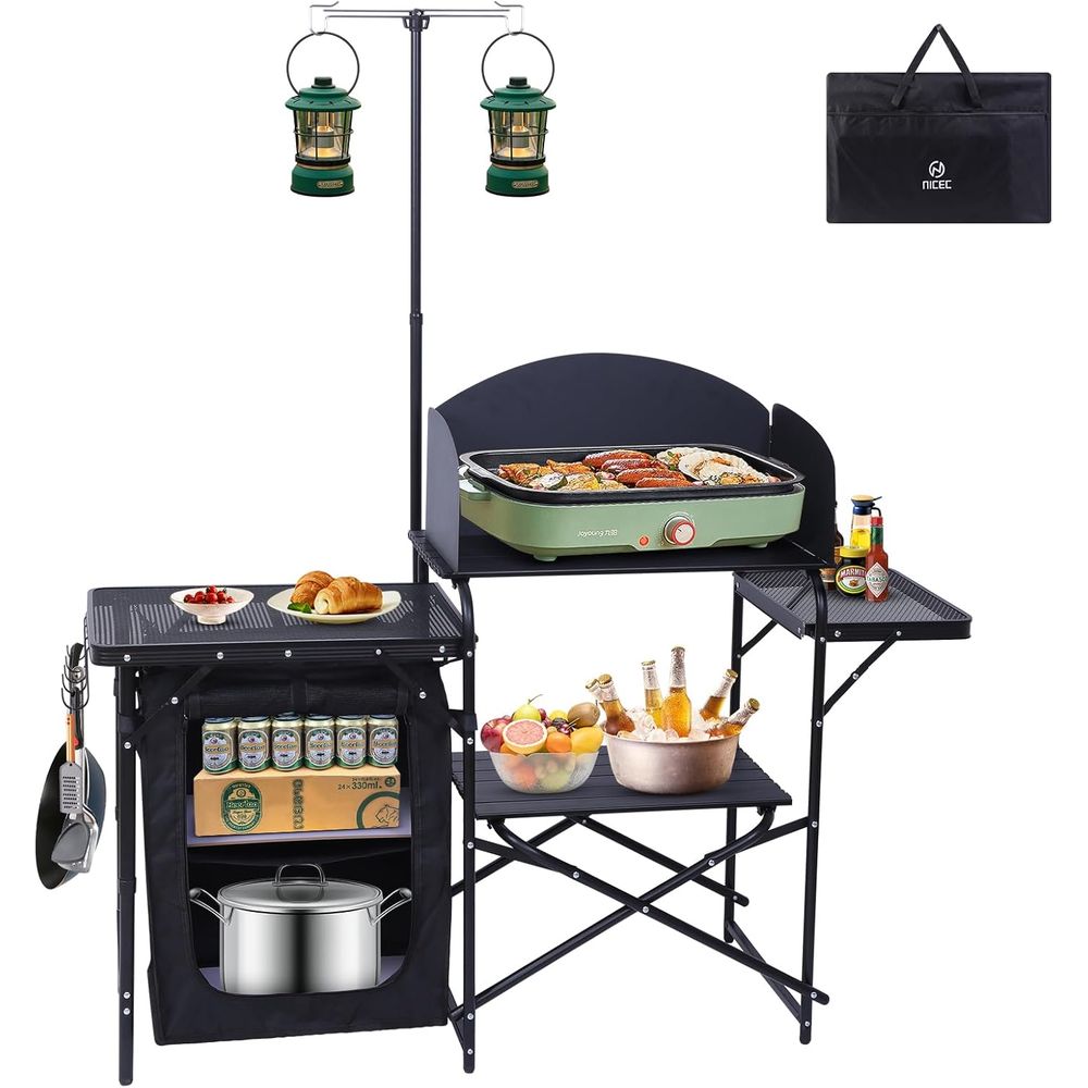 Camping Cooking Table With Windshield - Camping Kitchen Station, Folding Table &