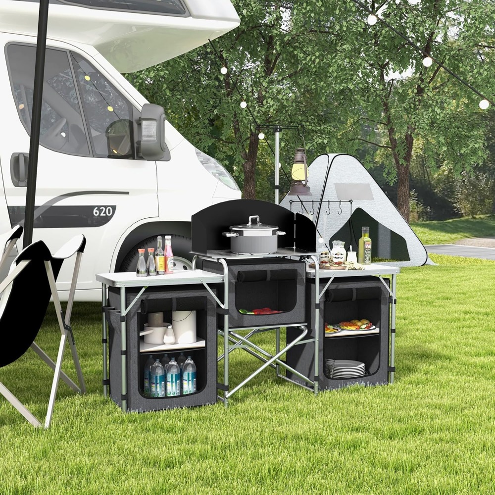 Portable Camping Kitchen Table - Camping Cooking Table With Windshield recension och pris
